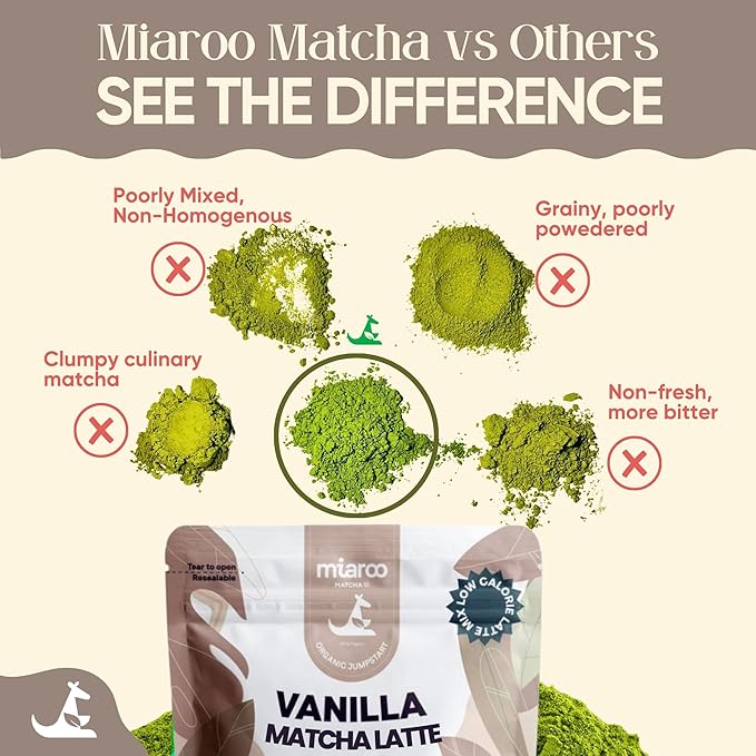 Miaroo Vanilla Matcha Latte Powder 100g | Sweetened Japanese Green Tea with Natural Vanilla Flavor | Non-Dairy, 5g Sugar, 30mg Caffeine | Hot & Iced Lattes