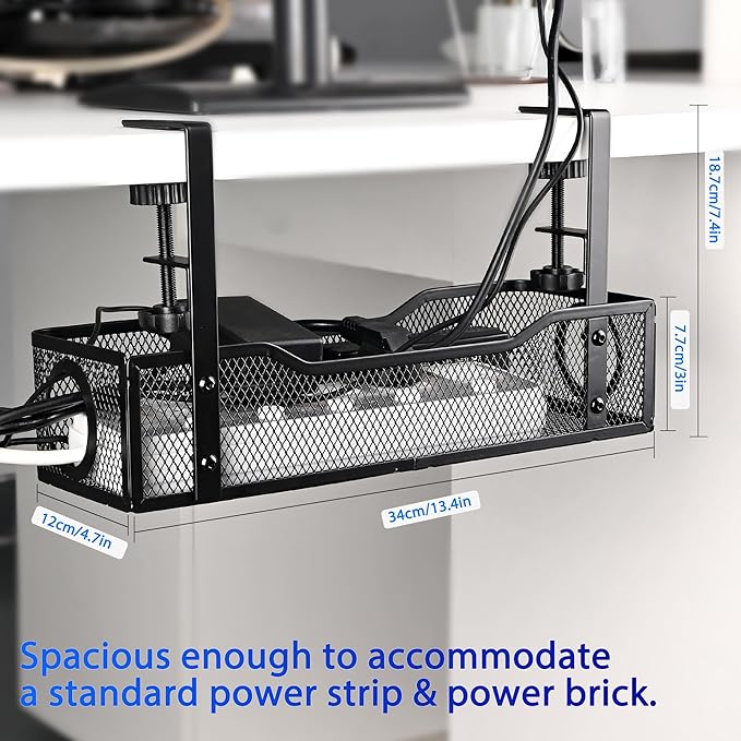 No Drill Under Desk Cable Management Tray – Clamp-On Metal Cable Organizer for Power Cords – Easy Install Wire Holder for Home Office Desk (Black)
