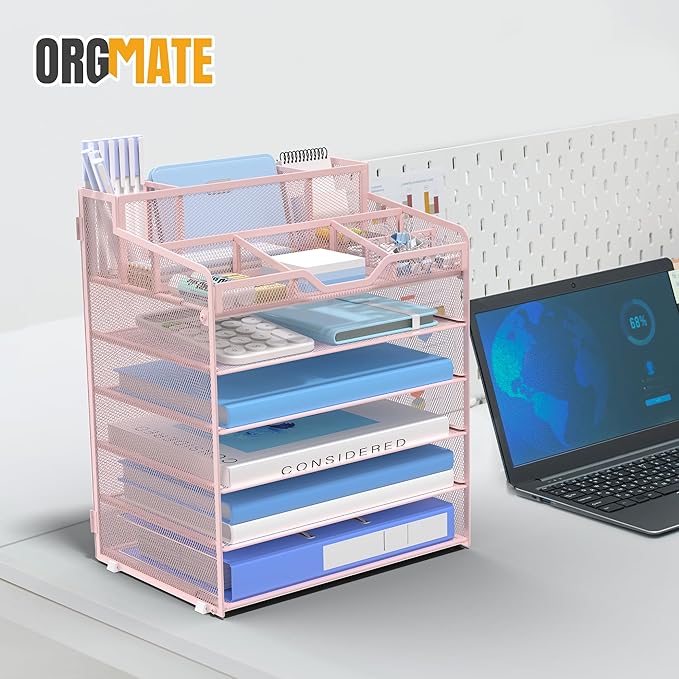 6 Tier Mesh Desk Organizer,Multi Functional Letter Paper Tray with 3 Pen Holders and 5 Adjustable Storage Compartments for Office Supplies Files and Mail Space Saving Desktop Organizer-Pink