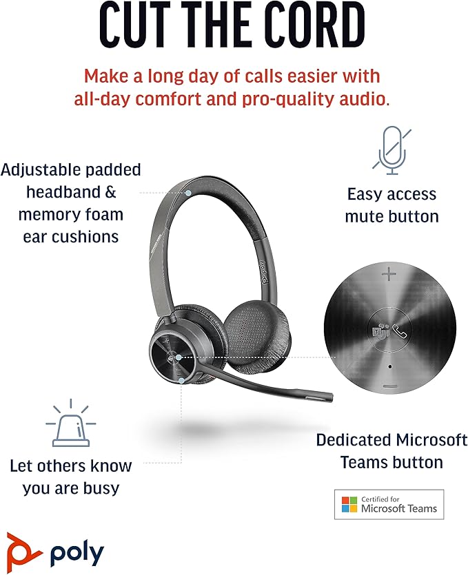 Poly Voyager 4320 UC Wireless Headset, Bluetooth Headphones with Mic - Noise-Canceling Boom Mic - Connect to PC via USB-C to USB-A Adapter, Cell Phone via Bluetooth - Microsoft Teams Certified