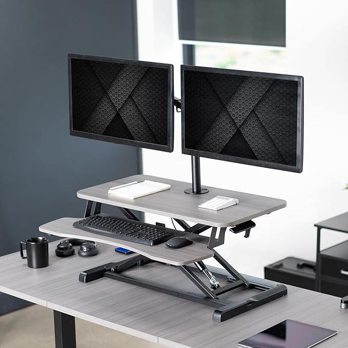 VIVO Height Adjustable 32 inch Standing Desk Converter with Dual 13 to 30 inch Monitor Stand, Sit Stand Monitor Mount and Desk Riser, Gray, DESK-V000K-M2G