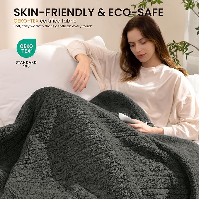 Electric Heated Blanket King 90x100 inches, Fast Heating w/ 10 Heat Settings & 2/4/8/10H Auto Timer, Double-Sided Sherpa, Ultra Soft & Cozy for Couch, Bed, Office, Machine Washable，Grey