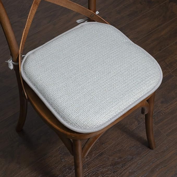 Sweet Home Collection Chair Cushion Memory Foam Pads with Ties Honeycomb Pattern Slip Non Skid Rubber Back Rounded Square 16" x 16" Seat Cover, 4 Pack, Cameron White Sage Blue