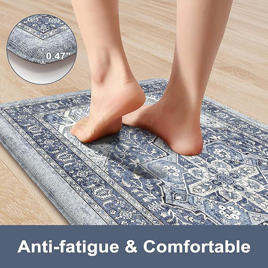 KIMODE Anti Fatigue Kitchen Mat, Cushioned Kitchen Mats for Floor 2 Piece, Boho Vintage Kitchen Rugs, Comfort Foam Standing Desk Mat for Laundry, Office, Sink Navy Blue 17"x47"+17"x29"