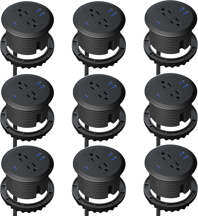 9 pcs 3 Inch Desktop Power Grommet,20W USB C Fast Charging Station,3-USB Port,Flush Mount,6.5 ft Power Cord.Round Recessed Power Outlet,Desk Hole Grommet Outlet for Workspace,Sofa,Black