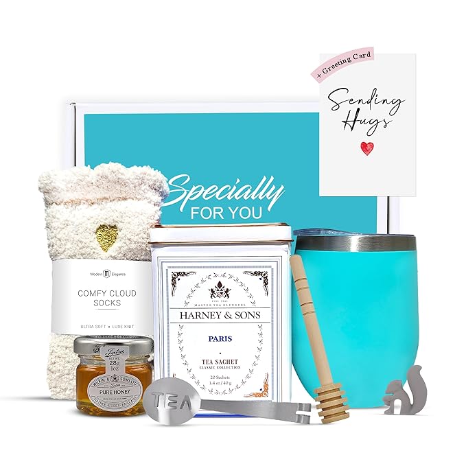 Tea Gift Set for Women – Thoughtful Get Well Gift Box with Cozy Socks, Stainless Tumbler, 20 Tea Sachets, Honey Jar & Sending Hugs Card (Paris Teaa -Heart Socks)