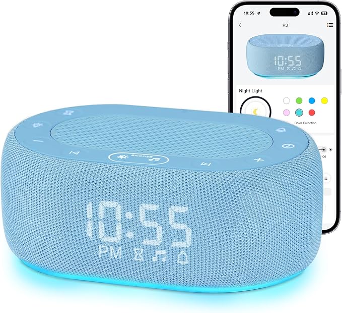 1Mii White Noise Sound Machine for Sleep, Brown Noise Machine for Baby Adults Sleeping, 18 Soothing Sounds with 7-Color Night Light, Timer, Alarm Clock, Volume Control, Remote App Control - Blue