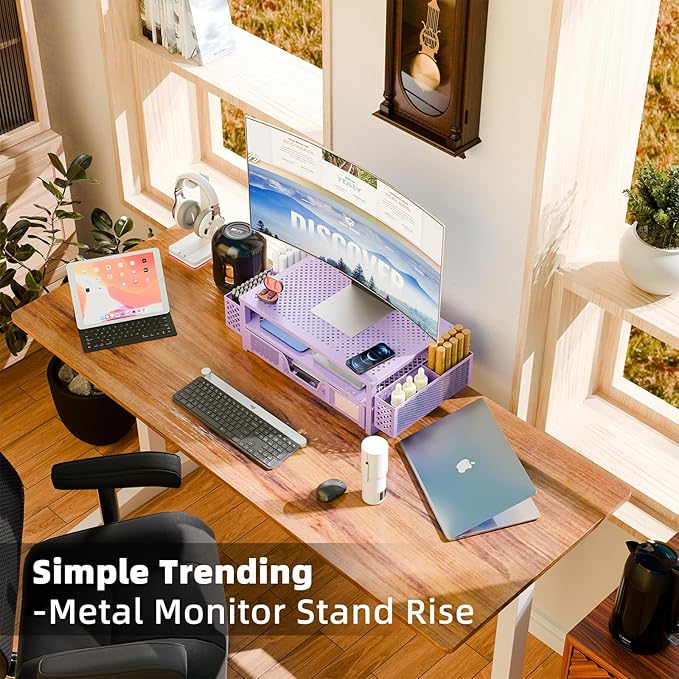 Simple Trending 2 Tier Metal Monitor Stand Monitor riser and Computer Desk Organizer with Drawer and Pen Holder for Laptop, Computer, iMac, Purple