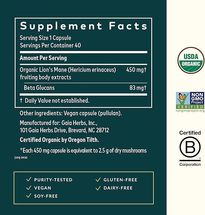 Gaia Herbs Lion’s Mane Mushroom - Brain & Nerve Health Support - 40 Vegan Capsules