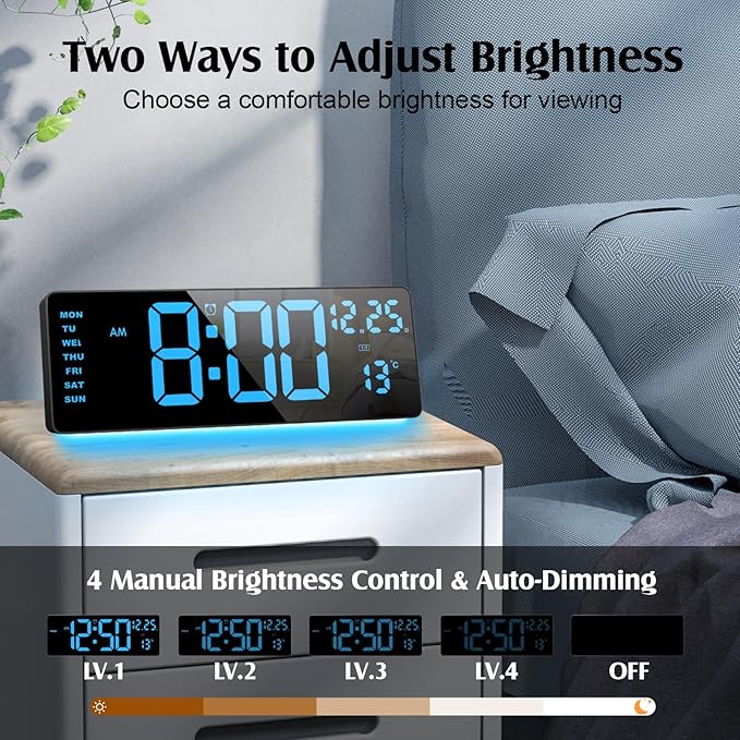 16.5" Digital Clock Large Display with Remote Control, 6-Color Night Light Digital Wall Clock with Dual Alarms, Temperature, Auto DST Large Digital Clock for Living Room, Bedroom, Desk, Mounted, Gift