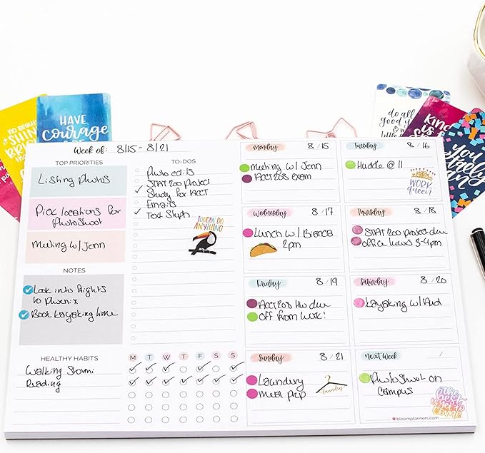 bloom daily planners Horizontal Weekly To Do List Notepad with 60 Undated Sheets - Weekly Desk Planner or Chore Pad with Priorities & Habit Tracker - 8.5” x 11” - Pastel
