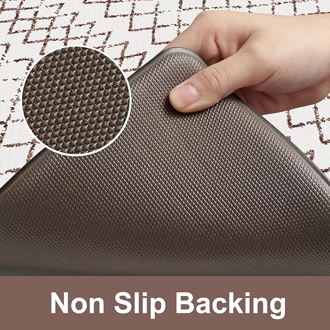 KIMODE Kitchen Mats 2PCS,Cushioned Anti Fatigue Boho Kitchen Rugs and Mats,Non Slip Waterproof Kitchen Mats for Floor,Comfort Foam Standing Desk Mat for Home,Office,Sink,Laundry,Brown and White