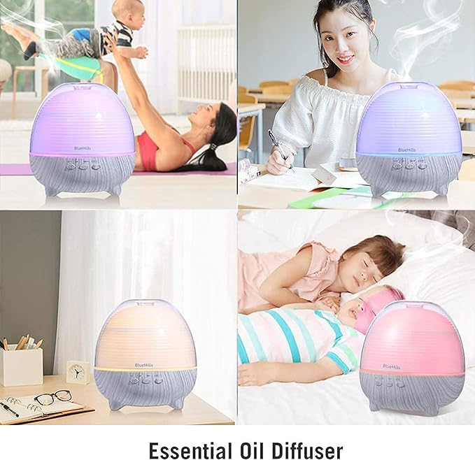 BlueHills Premium Essential Oil Diffuser with Remote Cute Aromatherapy Humidifier Large Capacity Coverage Area for Home Room Office Long 12 Hour Run Timer Lights White Wood Grain-S01-600ML