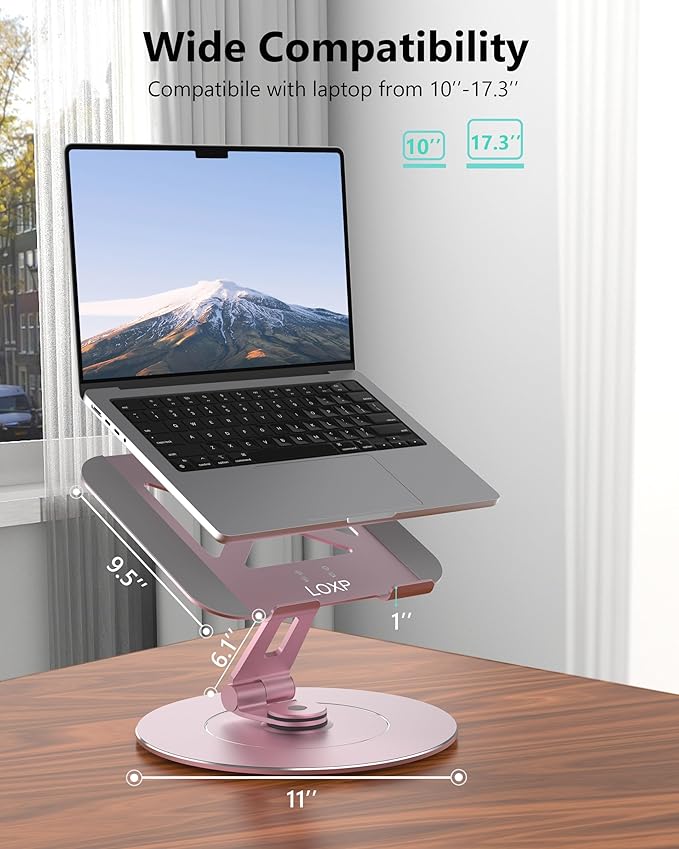 Ultra-Stable Aluminumy Swivel Laptop Stand for Desk with Rotating Foldable Phone Holder, 300% Larger Base, Stylish Computer Stand for Women, Men Office, Fits 10-17.3" Laptops, Pink