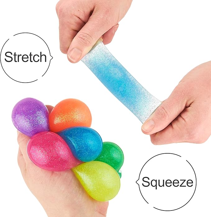 12pc Value Pack - Squeeze Balls in Assorted Glitter Colors - Fidget Toy Stress Balls for Adults and Kids - Anxiety Relief Items to Squish, Squeeze, Throw and Stick Fidgets for Kids