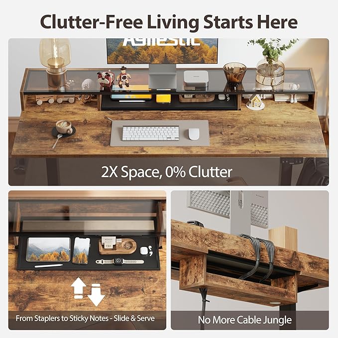 Agilestic Glass Standing Desk with Storage, 48 Inch Electric Adjustable Desk with Glass Shelf and Cable Management, Sit Stand Up Home Office Computer Table, Splice Board, Rustic Brown