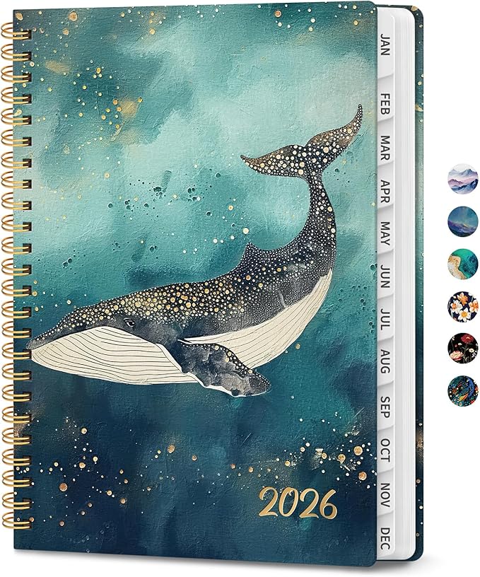 2026 Planner, Monthly and Weekly Calendar Planner for Women, January 2026 - December 2026, Hardcover Pretty 2026 Agenda Planner Book with Tabs, Spiral Bound, Perfect for School Office Home Supplies, 6.3" x 8.5" - Whale Dreams