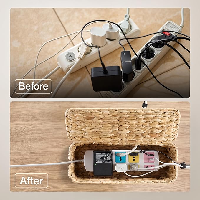 Wicker Cable Management Box with Lid - 15 inch Cable Organizer Box and Power Strip Box for Electrical Cord Management - Desk Cord Hider and Floor Cable Management for Office (Natural Color, 1)
