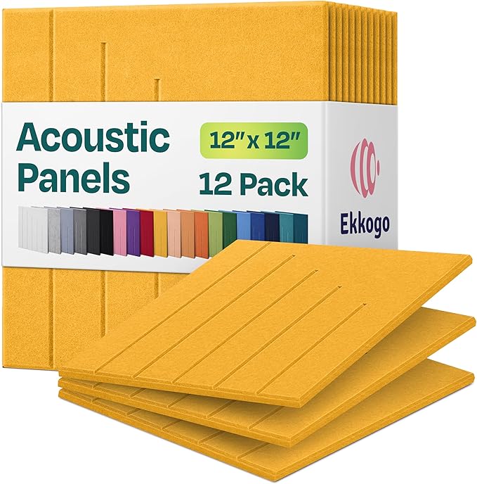 Acoustic Panels 12-Pack Soundproof Wall Panels 12"x12"x0.4" Decorative Sound Dampening for your Home, Office, Studio, Bedroom & More with Unique LineWave Carving [Yellow Orange Gold]