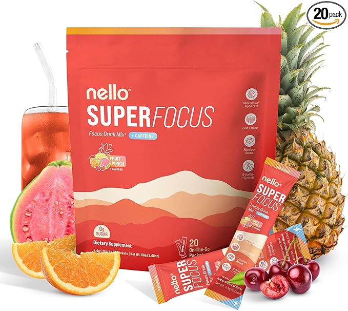 SuperFocus Fruit Punch with Caffeine– Nootropic Focus Drink Mix, 20 On-The-Go Packets, Alpha GPC, Lion’s Mane, Rhodiola, Sugar-Free