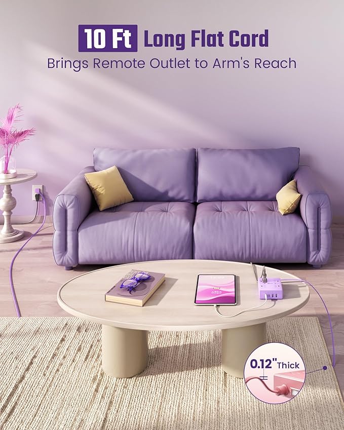 Purple Extension Cord 10Ft, Flat Plug Surge Protector Power Strip Kawaii, 8 Outlets & 4 USB Ports (2 USB C), Cute Stuff Purple Room Decor, Lavender Office Desk Accessories for Girls