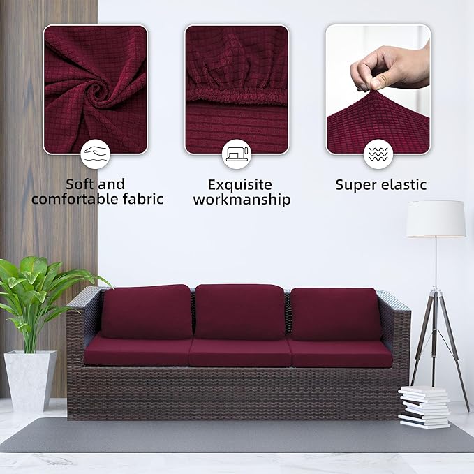 8Pcs Stretch Patio Cushion Cover Outdoor Cushion Cover Slipcovers Couch Cover Waterproof Replacement Sofa Cushion Covers Thick Jacquard Textured Twill Fabric Porch Patio Furniture Protector（Wine Red）