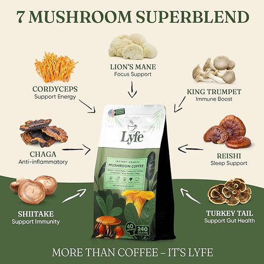 LYFE Organic Instant Mushroom Coffee – Lion’s Mane, Chaga, Cordyceps, Turkey Tail | USA Grown Adaptogenic Mushrooms for Better Energy, Focus, Gut Health, Immunity – 40 Servings