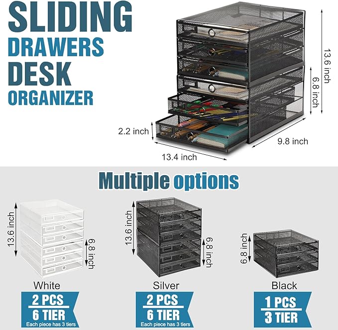 Zhanmai 2 Pcs Desk Organizer with Drawer Total 6 Tiers, Wire Mesh Organizers Tray Multifunctional Paper Sorter File Stand for Home Office Supplies Storage Letter A4 Paper Office Accessories(Black)