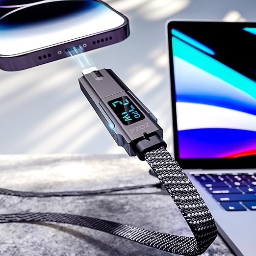 pzoz 4-in-1 USB C Fast Charging Cable with LED Display, Multi USBC Charger Combo Lightning/Type C/USB A Metal Ports for iPhone 17/16/15/14 Pro Max iPad MacBook AirPods Pro Samsung Google (60W, 5 ft)