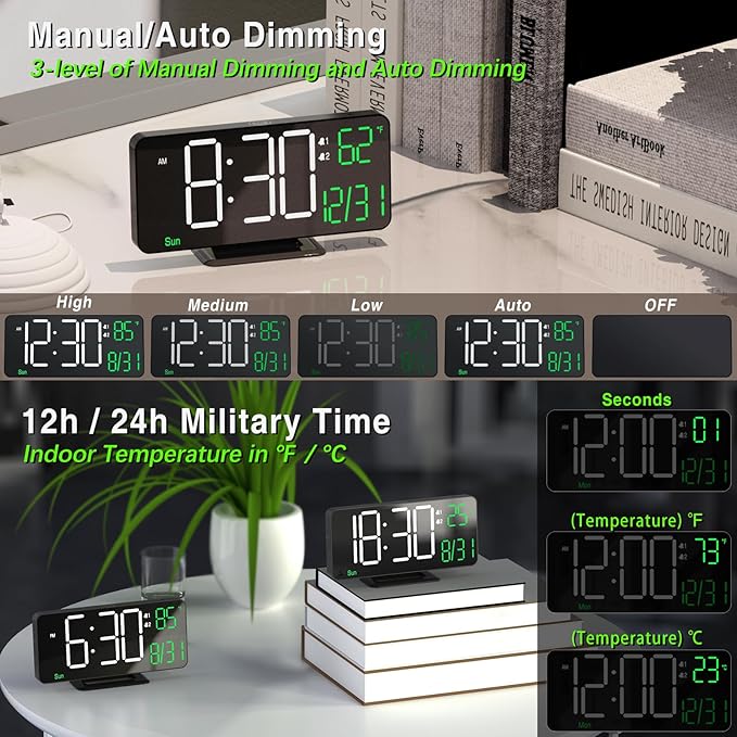 KOSUMOSU Digital Clock for Bedroom, 6.7in Black Alarm Clocks for Bedrooms,Auto Dimming, Date, Day of Week, Indoor Temperature,Digital Alarm Clock,Clocks for Living Room
