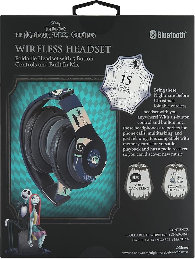 iJoy Disney Nightmare Before Christmas Bluetooth Over Ear Headphones, Wireless and Wired Foldable Headset Built-in Microphone - Tim Burton Jack Skellington & Sally - Adults Kids Audifonos Auriculares