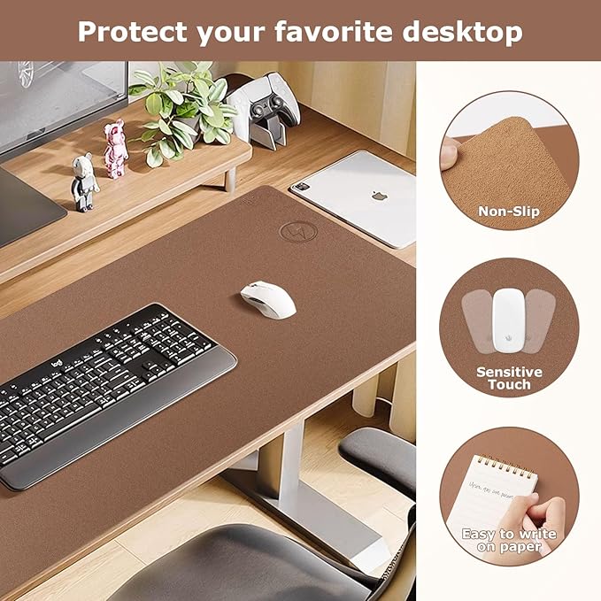 Wireless Charging Mouse Pad Firelison 2 in 1 Leather Multifunctional Office Desk Pad with Non-Slip Rubber Base, Waterproof Desk pad for Computers/Office/Work/Home/Decor（ 32" x 16"Buff - R）