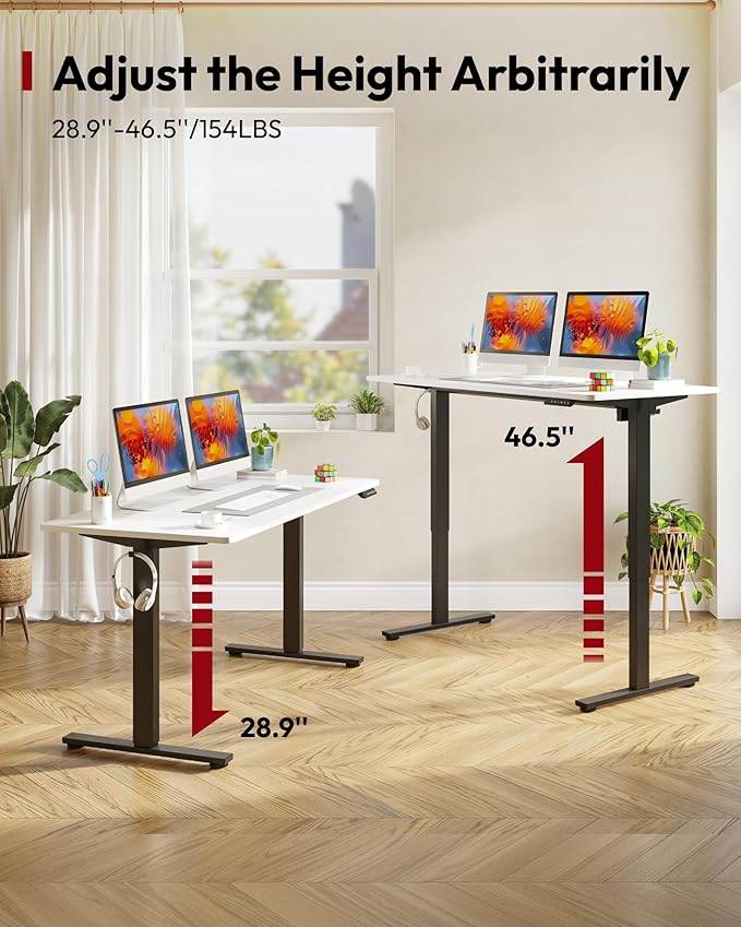 SANODESK Electric Standing Desk 48 x 30 Inches Whole-Piece Desktop Height Adjustable Stand Up Desk w/6-Button Controller Ergonomic Computer Desk for Home Office, Black Frame + White Tabletop