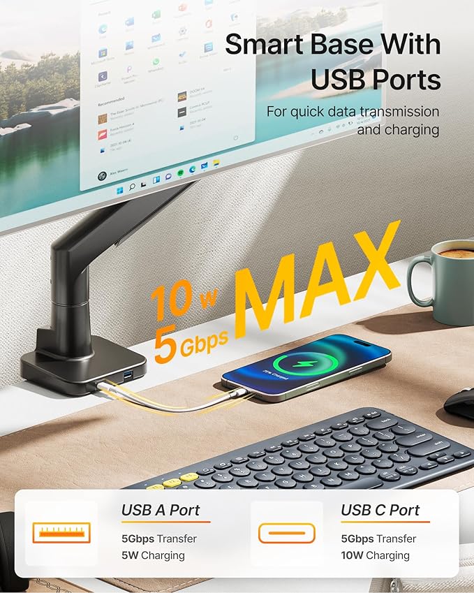 monTEK Sleek Aluminum Monitor Arm for 17–57” Ultrawide Screens up to 59 lbs, USB 3.0 A/C, Heavy Duty Single Monitor Arm Desk Mount, Pneumatic Lift, Quick-Release Plate, Clamp/Grommet, VESA 100x100