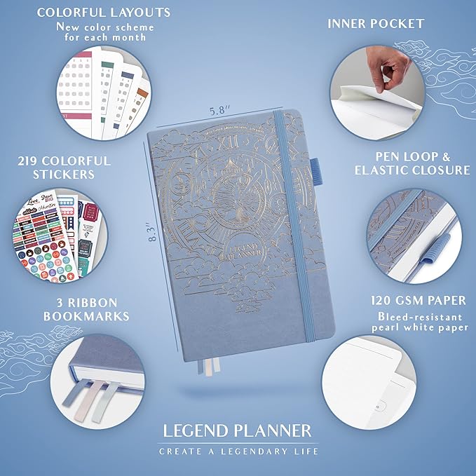 Legend Weekly Colorful Planner 2nd Edition – Undated Life & Work Agenda Journal for Time Management, Goal Setting, Productivity, Tasks & To Do Lists – A5 size, 5.8 ″ x 8.3″, Hardcover – Periwinkle