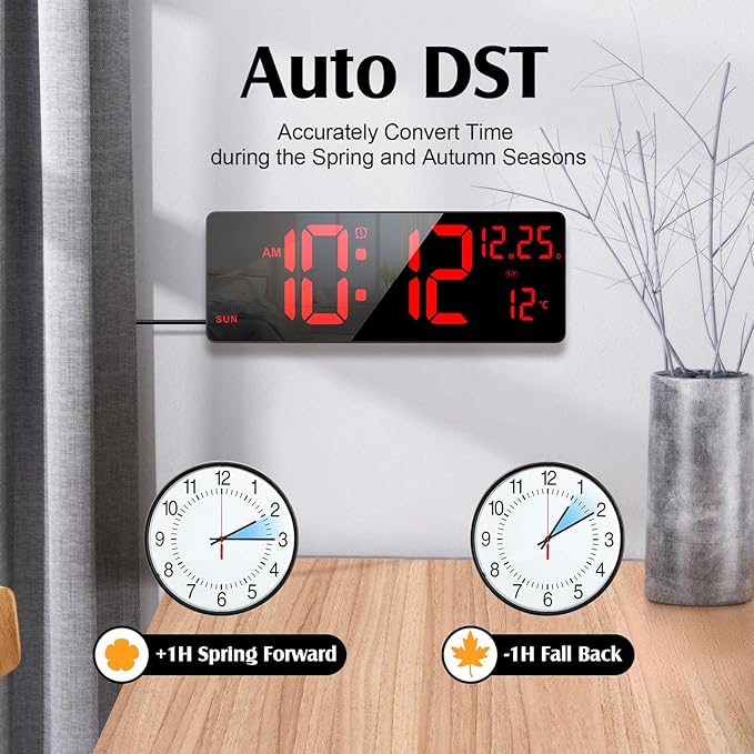 16.5" Large Digital Wall Clock with RGB Night Lights, Auto Dimmer, Remote Control, Date, Indoor Temperature, DST