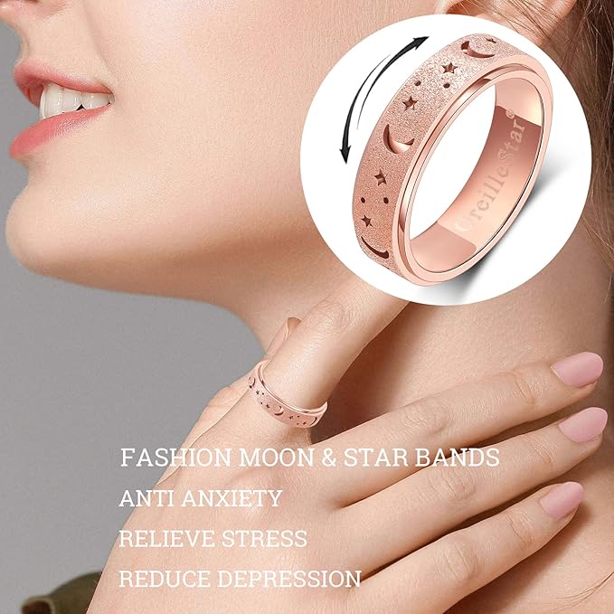 OreilleStar Anxiety Ring for Women Spinner Ring Fidget Toys Adults Stailess Steel Fidit for Men Moon Star Band Rose Gold Size 10