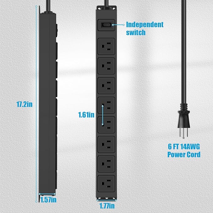 HHSOET Magnetic Mount Power Strip, 8 Outlet Mountable Socket, Metal Heavy Duty Surge Protector, Gaming Table Outlet, Easy to Fix Without Drilling or Taping, 6FT Extension Cord.(Black)