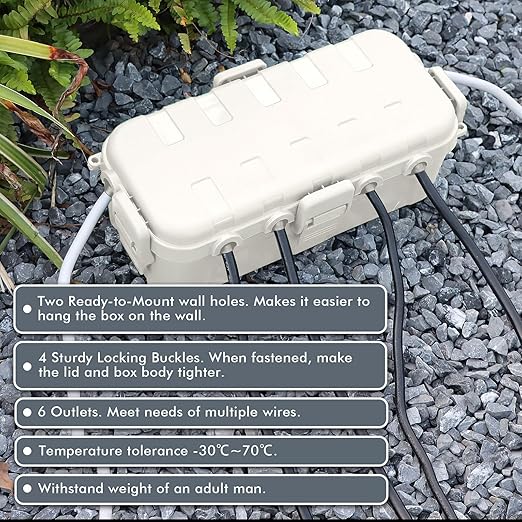 RESTMO Outdoor Electrical Box, IP54 Weatherproof Extension Cord Cover with 6 Cable Entry Ports, Waterproof Connection Box Protect Power Strip, Timer, Plug, Holiday Lights, (11.5x5.2x4 inch), White