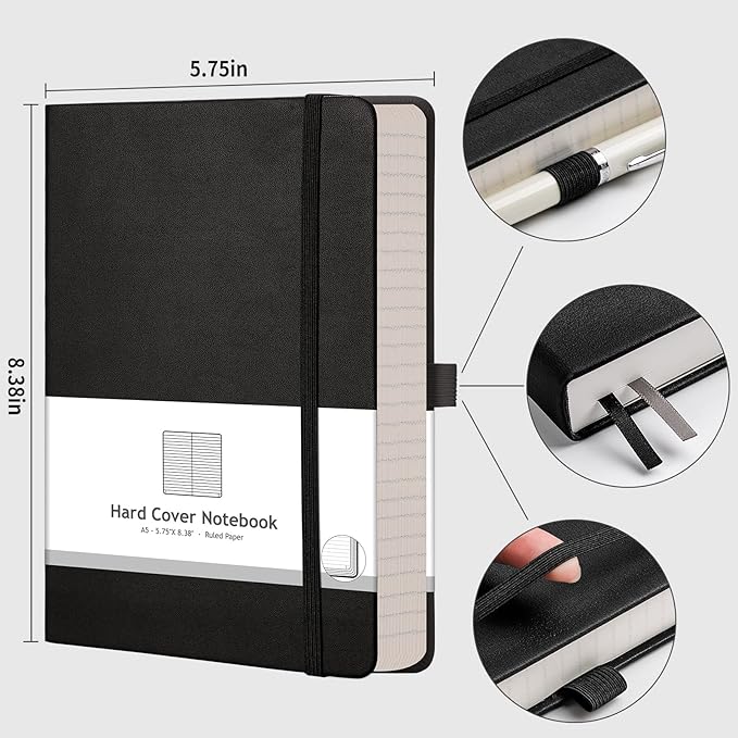 AHGXG Thick Journal Lined Notebook - 320 Numbered Pages Journal for Women A5 Notepad College Ruled, 100gsm Paper, Leather Hardcover, for Men Writing Work Office School, 5.75'' X 8.38''-Black
