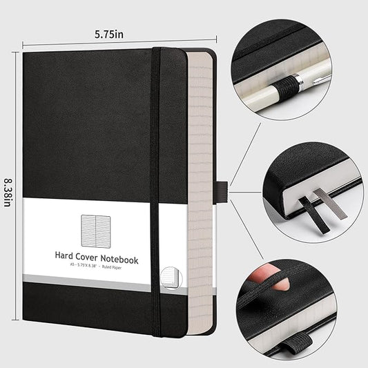 AHGXG Thick Journal Lined Notebook - 320 Numbered Pages Journal for Women A5 Notepad College Ruled, 100gsm Paper, Leather Hardcover, for Men Writing Work Office School, 5.75'' X 8.38''-Black