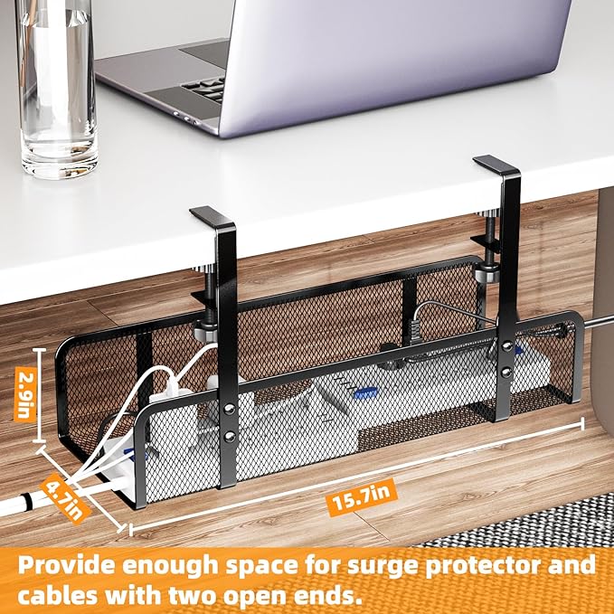 Under-Desk Cable Organizer Tray - Wire Management Box with Cord Organizer and Raceways for Office & Home - No Desk Damage, No Drill