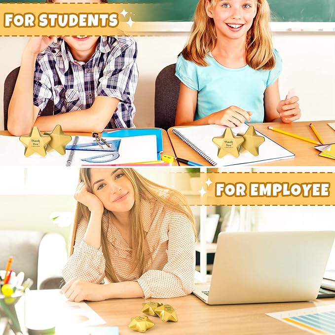 Deekin 24 Pieces 3.1 Inch Star Stress Balls Gold Mini Foam Ball Star Stress Toys Bulk Stress Relief Gifts for Coworkers Adult Goodie Bag Stuffers Teen Party Favors School Office Award(Thank)