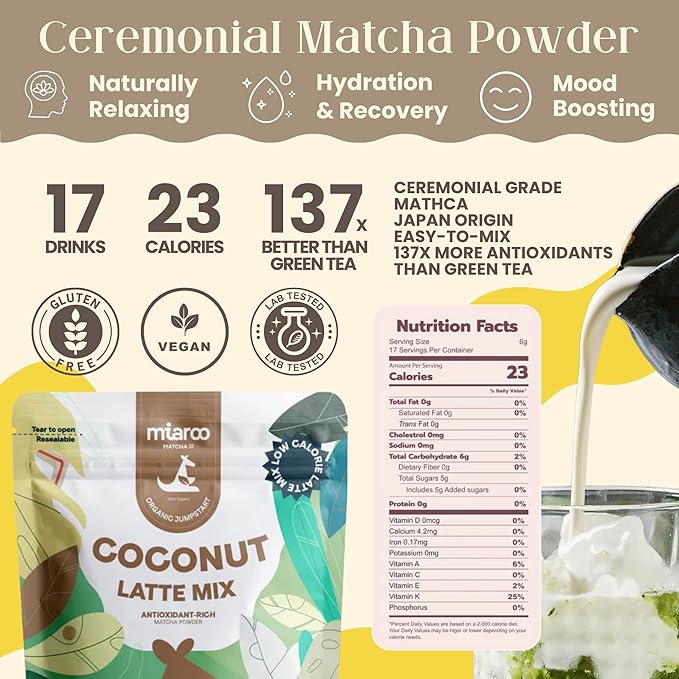 Coconut Matcha Latte 100g | Creamy Japanese Green Tea Powder with Coconut Flavor, Non-Dairy | No Artificial Sweeteners, 5g Sugar, 30mg Caffeine | Perfect for Hot or Cold Lattes | Miaroo