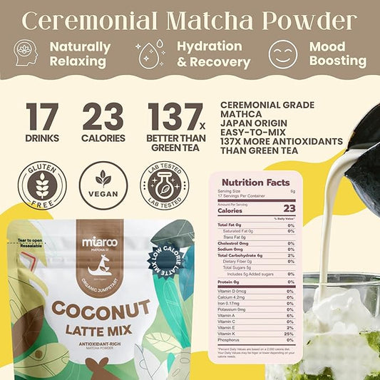 Coconut Matcha Latte 100g | Creamy Japanese Green Tea Powder with Coconut Flavor, Non-Dairy | No Artificial Sweeteners, 5g Sugar, 30mg Caffeine | Perfect for Hot or Cold Lattes | Miaroo