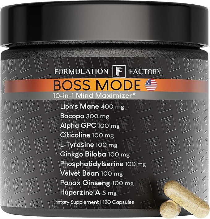 Boss Mode 10-in-1 Nootropic Cognitive Enhancement Supplement, Focus & Memory Booster, Featuring Lion’s Mane, Bacopa Monnieri, Alpha-GPC, Ginseng & More 120 Capsules (1 Pack)