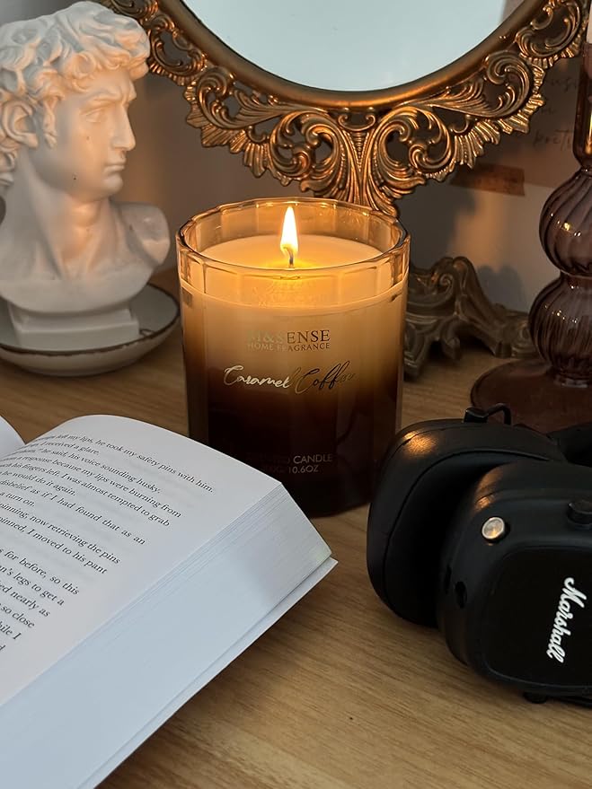 M&SENSE Caramel Coffee Candle for Home Scented, 10.6oz 60 Hours Burn Natural Soy Long Lasting Slow Burning Organic Aromatherapy Candle Housewarming Appreciation Gift for Women
