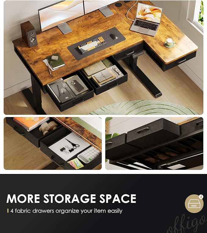 OffiGo 55 Inch L Shaped Electric Standing Desk with Drawers, Height Adjustable Large Desk with Power Outlets, Sit Stand Table, Writing Computer Desk for Home, Office, Workstation, Rustic Brown