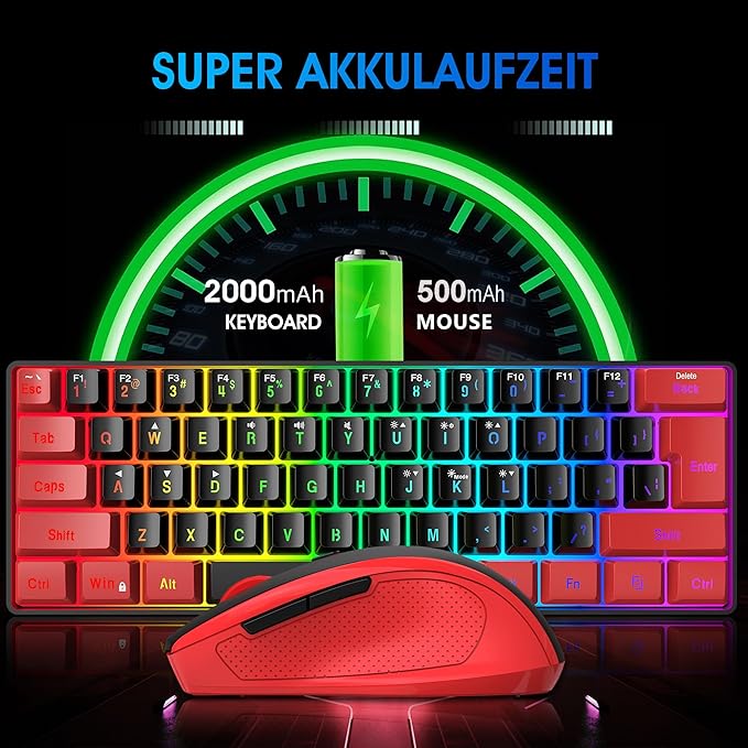 Snpurdiri 2.4G Wireless Gaming Keyboard and Mouse Combo, Include Mini 60% Merchanical Feel Keyboard, Ergonomic Vertical Feel Small Wireless Mouse(Red and Black)