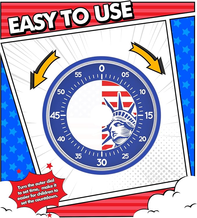 Visual Timer for America Flag - Timers for Classroom Teachers 60 Minutes Countdown Home School Study Tool, Non-Ticking Rotating Timer for Exam Work Kitchen Office Gym, 1 Pack